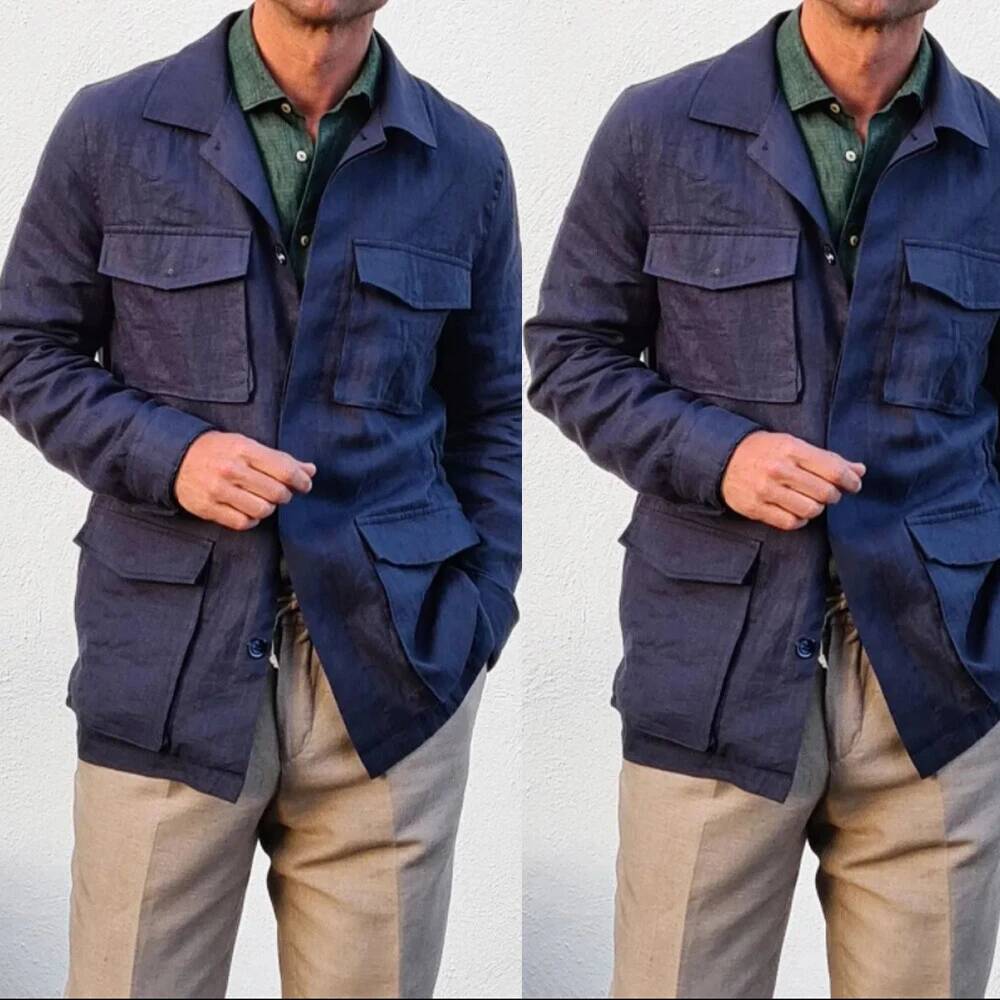 Safari Outdoor Hunting Jackets - Винтажные льняные мужские куртки-сафари темно-синего цвета